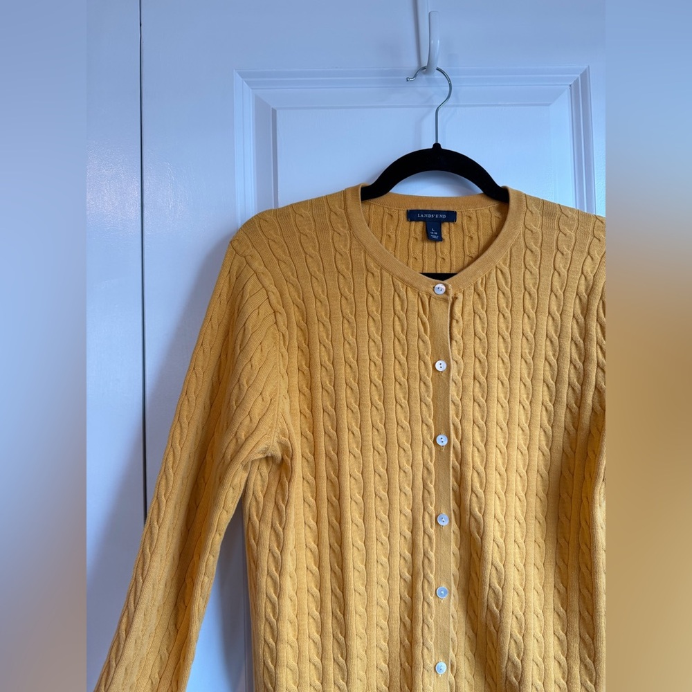 Lands End Women’s Cable Knit Mustard Yellow Cotton Cardigan Size Large - Picture 3 of 12